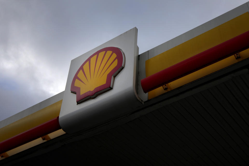 A sign at a Shell petrol station in London, Thursday, Feb. 2, 2023. Global energy giant Shell says annual profits doubled to a record high last year as oil and gas prices soared after Russia's invasion of Ukraine. London-based Shell Plc on Thursday posted adjusted earnings of $39.9 billion for 2022 and $9.8 billion in the fourth quarter. (AP Photo/Kirsty Wigglesworth)