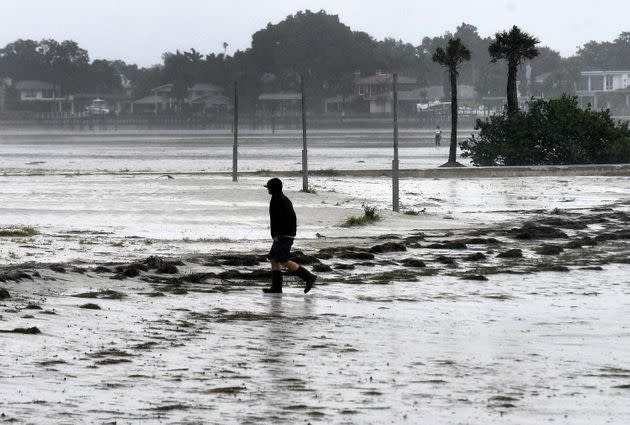 A local resident walks in the rain and wind at a bay in St. Petersburg as Hurricane Ian approaches Wednesday. (Photo: Gerardo Mora via Getty Images)