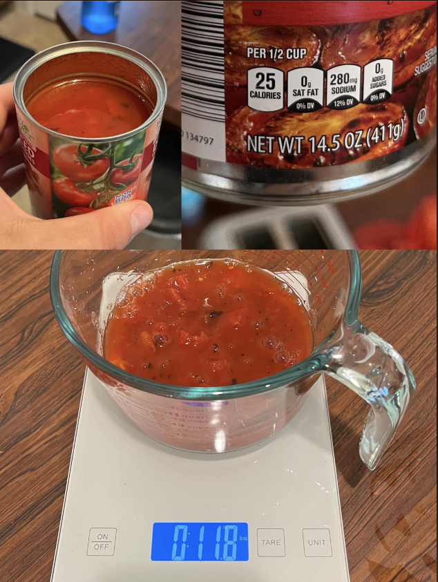 A hand pours a can of tomato sauce into a measuring cup on a digital scale reading 11.8 oz. Close-up of the nutrition label shows 25 calories and 280 mg sodium per 1/2 cup
