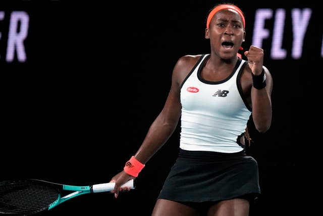 Coco Gauff celebrates during her victory over Emma Raducanu