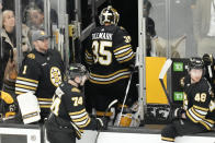 Boston Bruins goaltender Linus Ullmark (35) heads to the locker room after a loss to the Toronto Maple Leafs in Game 2 of an NHL hockey Stanley Cup first-round playoff series, Monday, April 22, 2024, in Boston. (AP Photo/Charles Krupa)