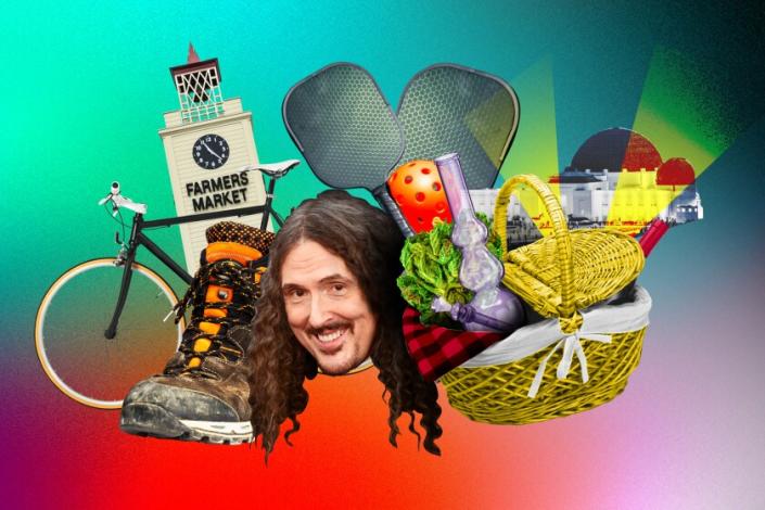 A collage illustration of a bike, hiking boot, Weird Al Yankovich, a couple of pickleball paddles and a pickleball, a picnic basket with a bong and in the background, Griffith Observatory.