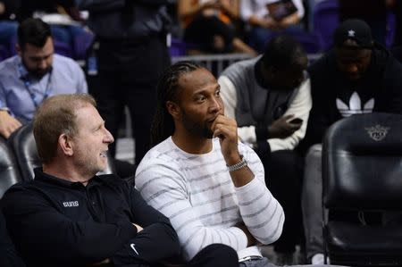 Nov 16, 2017; Phoenix, AZ, USA; Arizona Cardinals wide receiver Larry Fitzgerald attends a game between the Phoenix Suns and the Houston Rockets at Talking Stick Resort Arena. Joe Camporeale-USA TODAY Sports