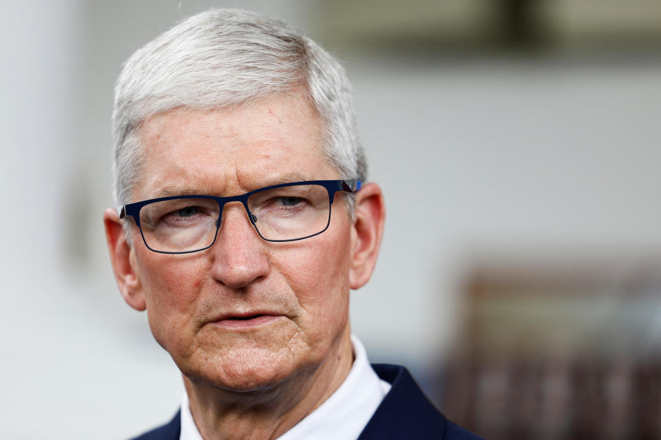 Apple CEO Tim Cook looks on as he addresses journalists after meeting Indonesian President Joko Widodo at the presidential palace in Jakarta, Indonesia, April 17, 2024. REUTERS/Willy Kurniawan