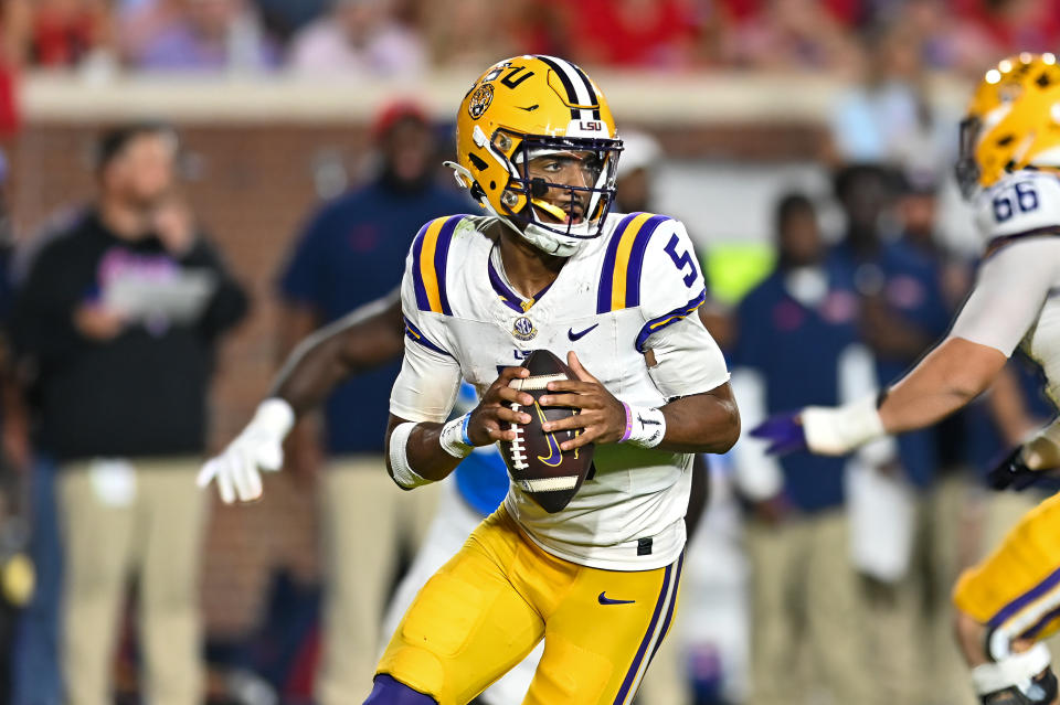 LSU quarterback Jayden Daniels (5) improved his NFL Draft stock with a Heisman Trophy season in 2023. (Photo by Kevin Langley/Icon Sportswire via Getty Images)