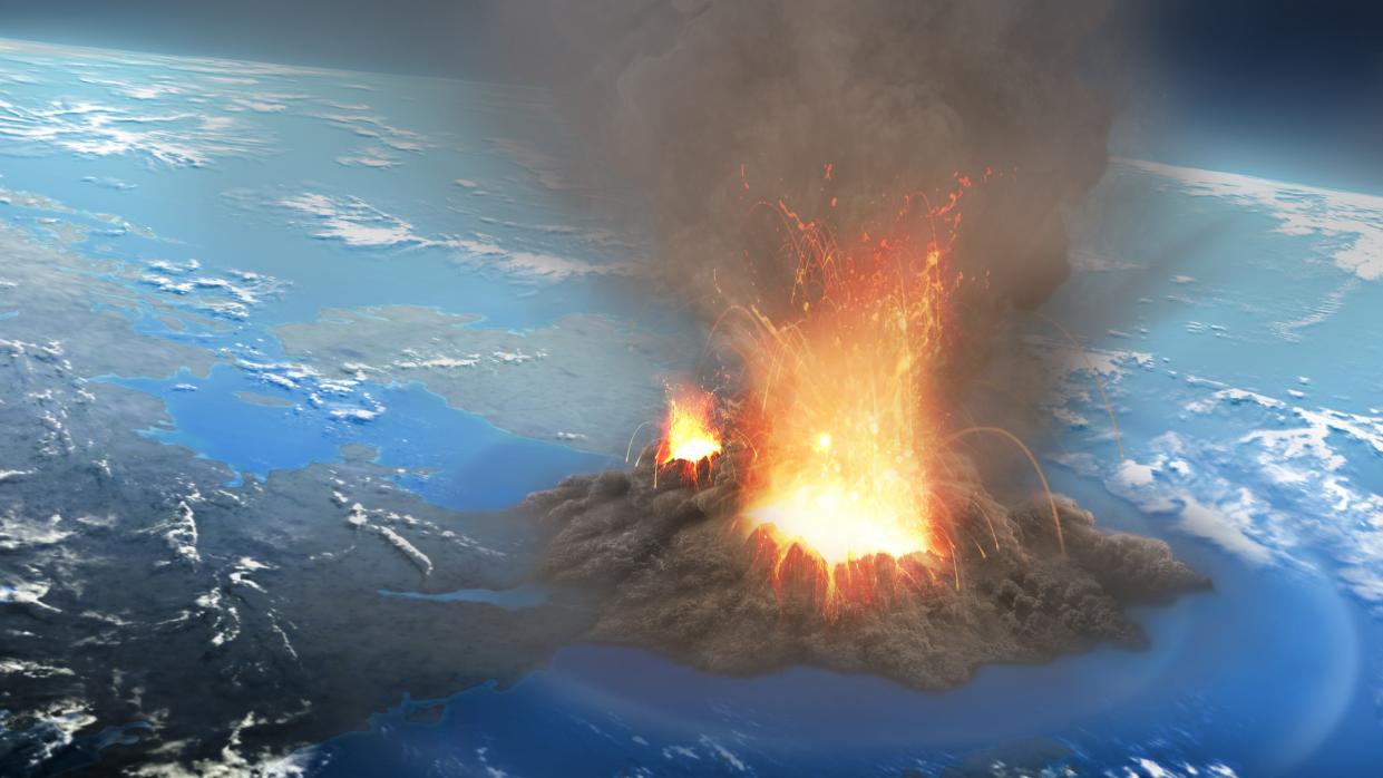  Illustration of a volcano super eruption seen from the sky. 