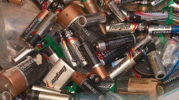 A group of batteries that have been dropped off at an Island Waste Management Corporation site for safe disposal.