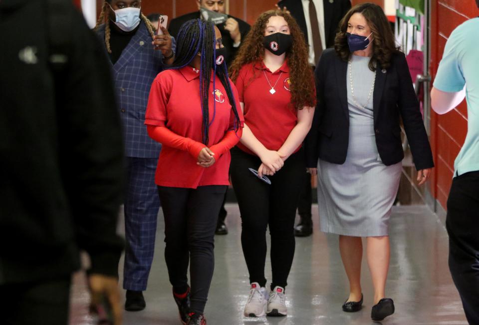 Students, Aniya Mahfood Shockness and Melissa De Almeida, speak to Deputy Secretary of Education, Cindy  Marten at East Side High School.  Wednesday, March 30, 2022