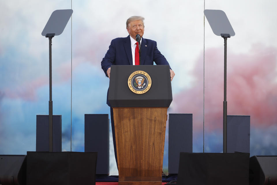 President Donald Trump speaks during a "Salute to America" event on the South Lawn of the White House, Saturday, July 4, 2020, in Washington. (AP Photo/Patrick Semansky)