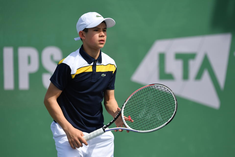 Benjamin Gusic Wan in action during his match against Oliver Brooker during the U16 Junior National Tennis Championships at National Tennis Centre on April 12, 2022 in London, England. (Photo by Tom Dulat/Getty Images for LTA)