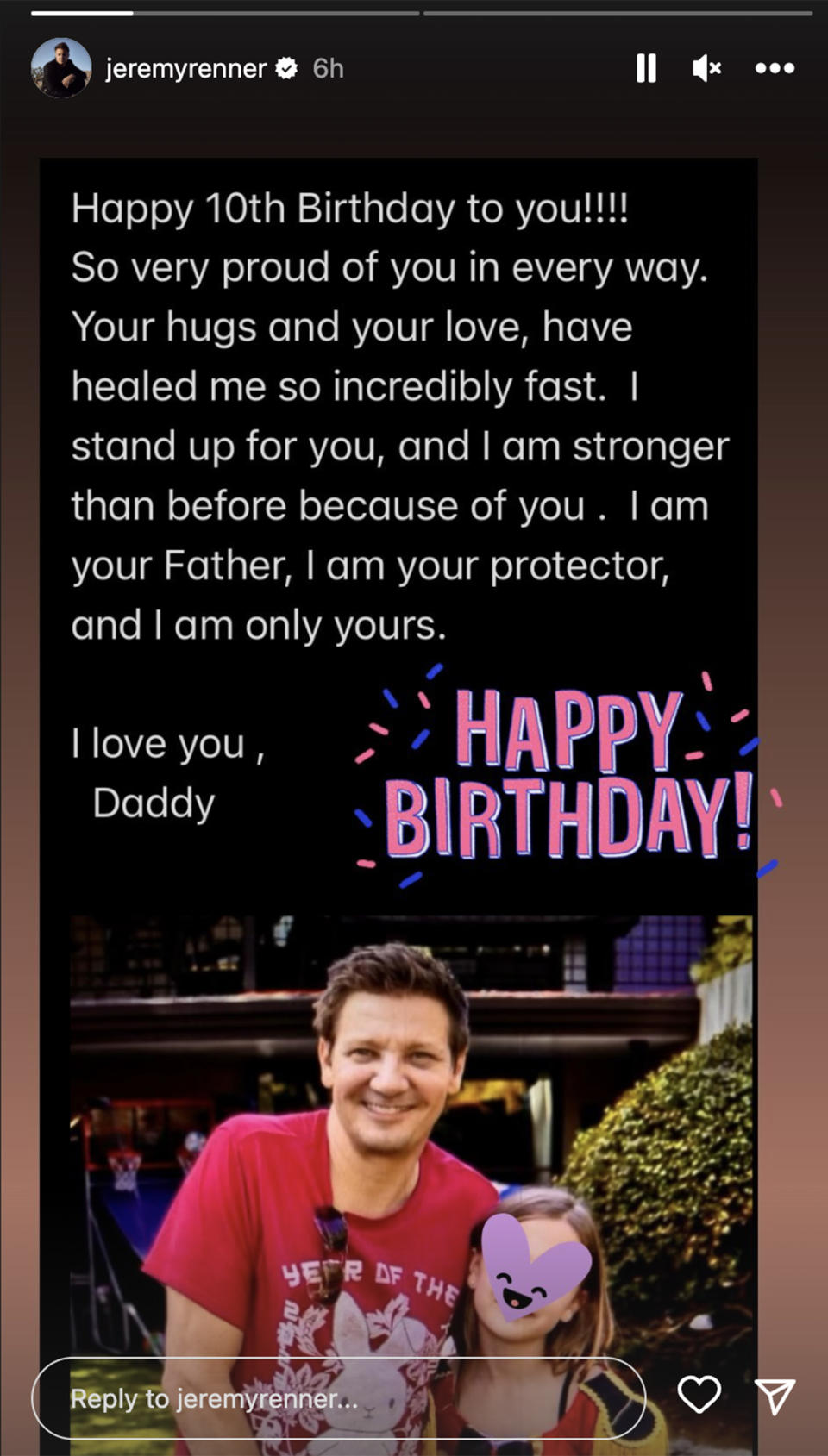 Jeremy Renner wishes 10-year-old daughter Ava a happy birthday on his Instagram story on March 28. (@jeremyrenner via Instagram)