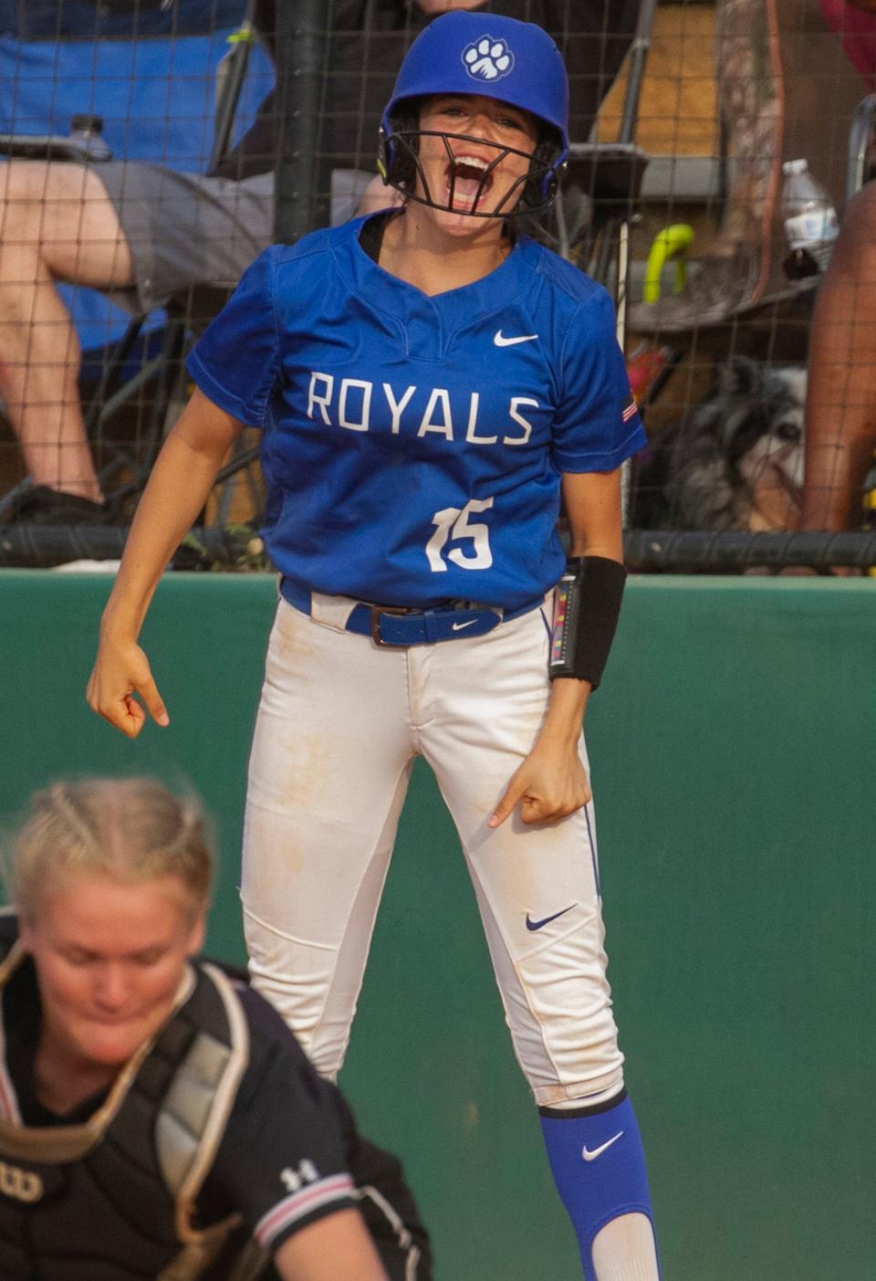 Jay High School's Kaitlyn Cooley (15) celebrates after scoring the game-winning run in the sixth inning of the FHSAA Class 1A state championship game against Fort White on Wednesday, May 25, 2022 at the Legends Way Ball Fields in Clermont.