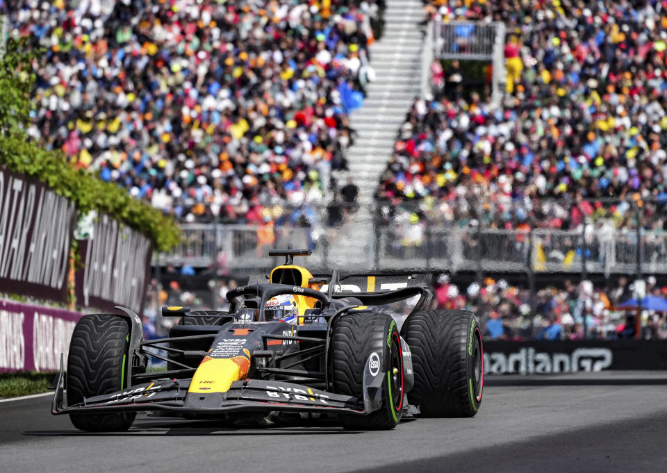 Red Bull Racing driver Max Verstappen, of the Netherlands, competes at the Formula 1 Canadian Grand Prix auto race in Montreal, Sunday, June 9, 2024. (Christinne Muschi/The Canadian Press via AP)