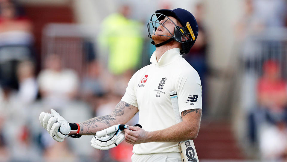 Ben Stokes walks after he was out to a Pat Cummins delivery.