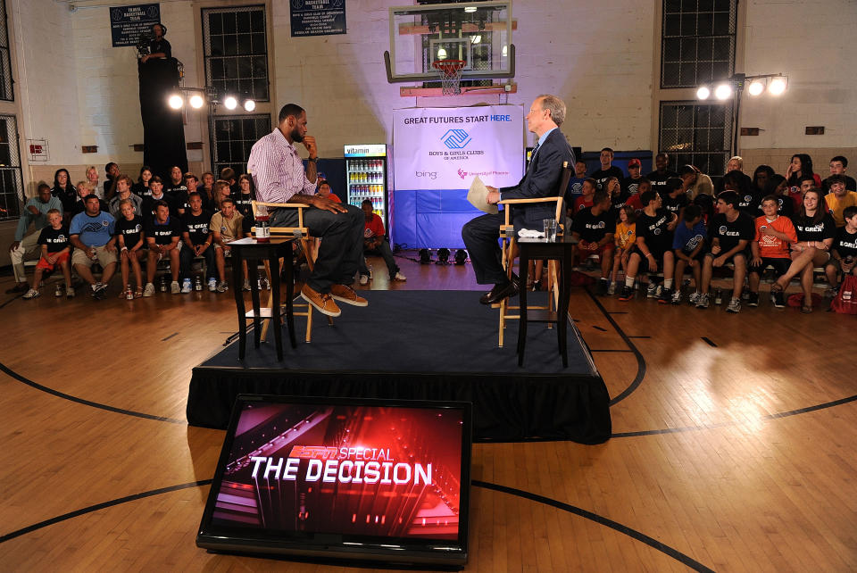 GREENWICH, CT - JULY 08:  LeBron James and ESPN's Jim Gray speak at the LeBron James announcement of his future NBA plans at the  Boys & Girls Club of America on July 8, 2010 in Greenwich, Connecticut.  (Photo by Larry Busacca/Getty Images for Estabrook Group)