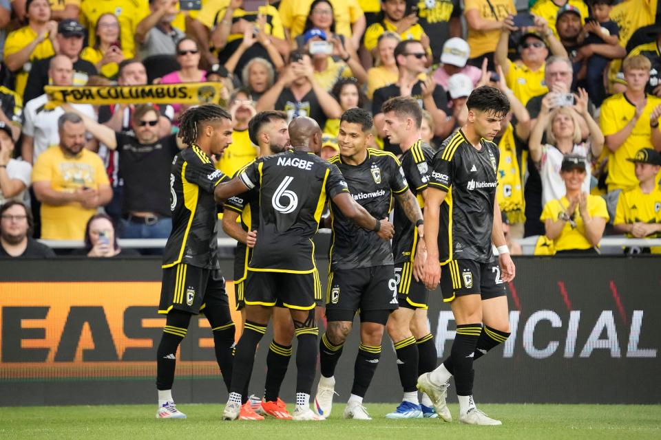 Jul 17, 2024; Columbus, OH, USA; Columbus Crew forward Cucho Hernandez (9) celebrates scoring a goal with teammates during the first half of the MLS soccer game against Charlotte FC at Lower.com Field.