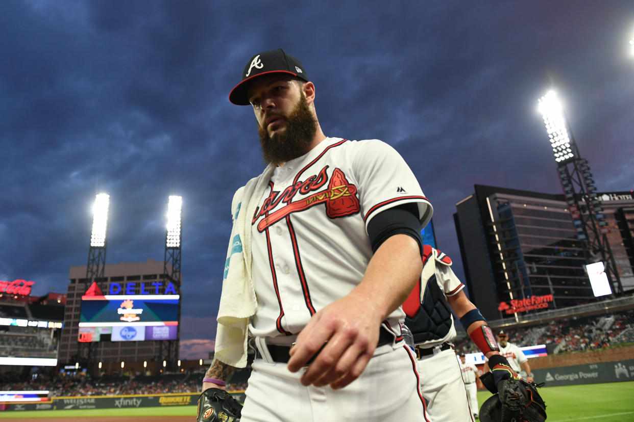 Aug 14, 2019; Cumberland, GA, USA; Atlanta Braves starting pitcher Dallas Keuchel (60) walks to the dugout prior to the game against the New York Mets at SunTrust Park. Mandatory Credit: Adam C. Hagy-USA TODAY Sports