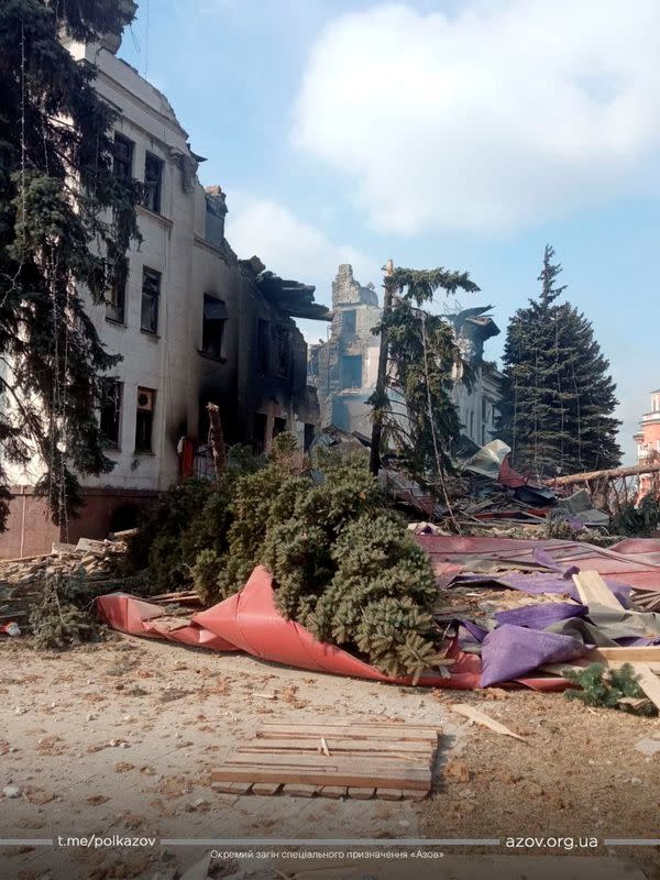 General view of the remains of the drama theatre which was hit by a bomb in Mariupol