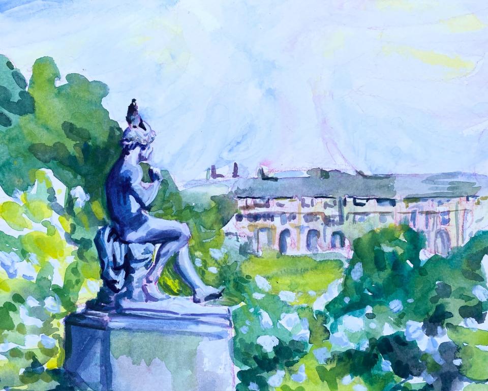 "Parisian Palace with Pigeon" is one of more than 30 paintings in Columbus artist Michelle Boerio's exhibit, 'Andiamo/Allons-y: Summer in the Cities of Italy and France," at Wild Goose Creative in Franklinton through Nov. 29.