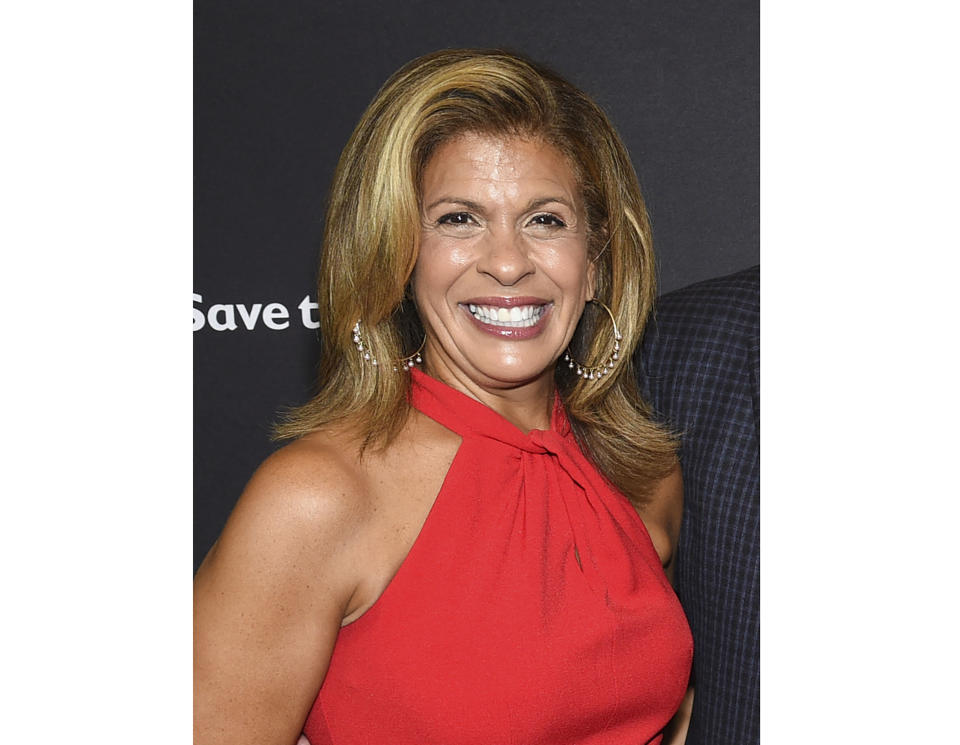 FILE - This Sept. 12, 2019 file photo shows Hoda Kotb at the Save the Children's "The Centennial Gala: Changing the World for Children" in New York. Kotb's emotions got the better of her on the “Today" show Friday as she concluded a segment with New Orleans Saints quarterback Drew Brees, who is donating money to help with the outbreak of coronavirus there. “Drew, we love ya,” Kotb said. Then she dissolved in tears, and co-anchor Savannah Guthrie jumped in to take over. Kotb was a news anchor and reporter at the CBS affiliate in New Orleans during the 1990s. (Photo by Evan Agostini/Invision/AP, File)