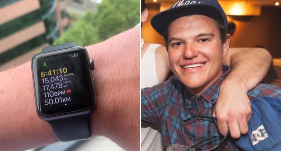 Pictured right is Joel Dawson. Left is an image of his fitbit watch after it hit 50km.