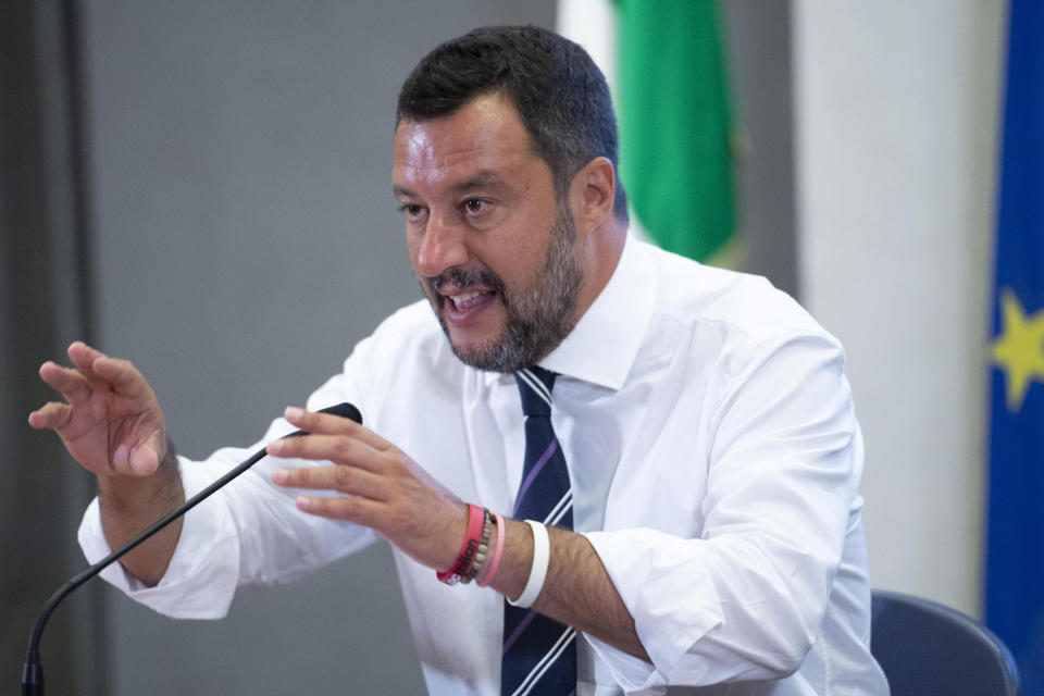 Italian deputy Premier and Interior Minister Matteo Salvini talks to journalists after meeitng with Entrepreneurs and Labor Unions representatives at the Viminale, the Interior Ministry building, in Rome, Tuesday, Aug. 6, 2019. (Maurizio Brambatti/ANSA Via AP)