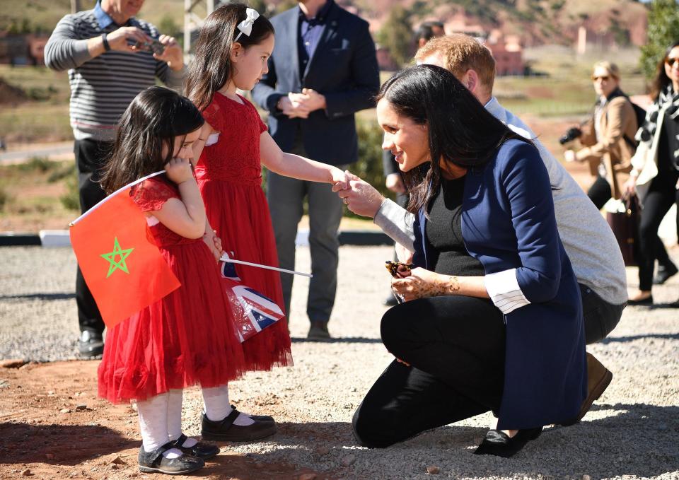 During a three-day visit to Morocco in February, Meghan met two little girls who dressed up to see her the royal.