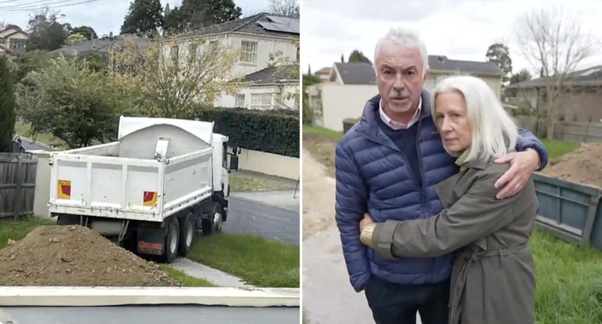 Left, a white truck illegally dumping soil on the Melbourne couple's property. Right, property owners Simon McEvoy and Lynne Barron standing in front of a skip bin full of the dirt. 