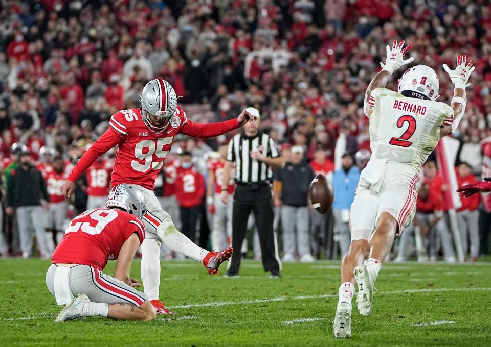 Ohio State Buckeyes place kicker Noah Ruggles (95) kicks the game-winning field goal during the fourth quarter of the Rose Bowl against the Utah Utes in Pasadena, Calif. on Jan. 1, 2022. The Buckeyes won 48-45.