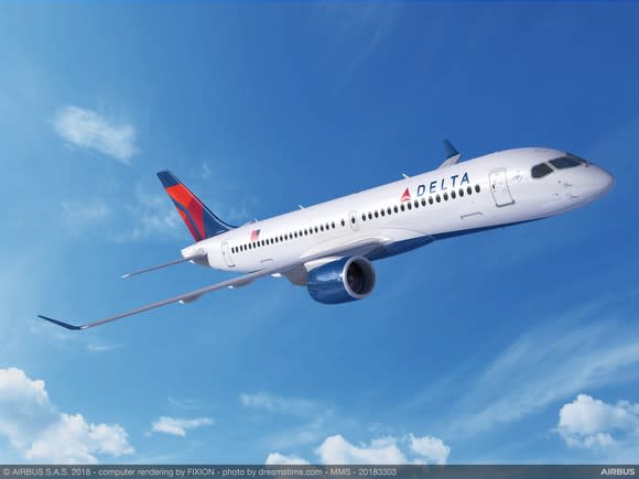 A rendering of an A220-300 in Delta's livery