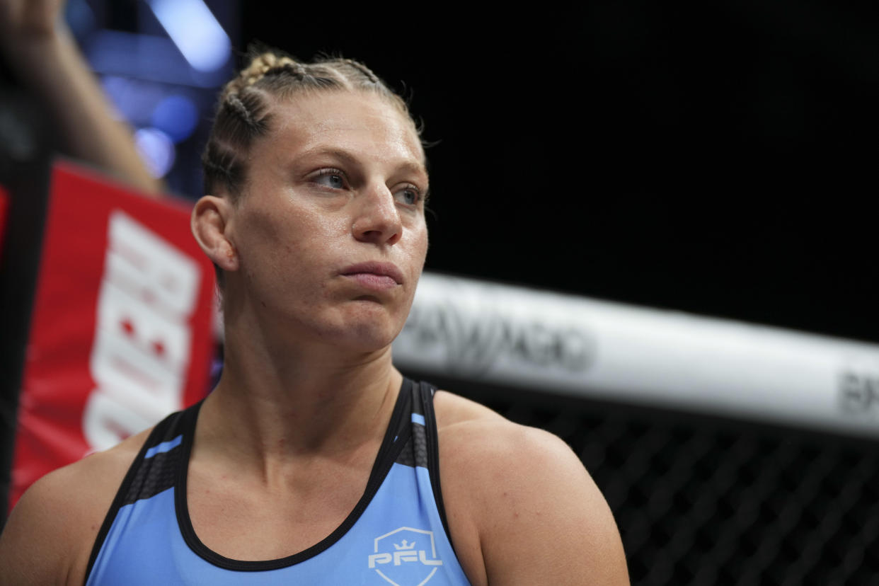 LONDON, ENGLAND - AUGUST 20:  Kayla Harrison looks on before fighting against Martina Jindrova during PFL 9 at the Copper Box Arena on August 20, 2022 in London, England.  (Photo by Cooper Neill/Getty Images)