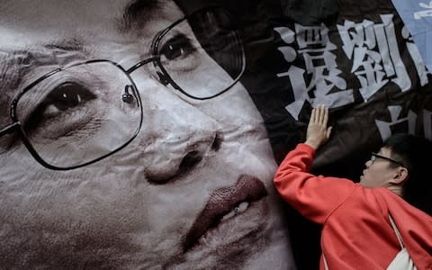 Campaigners across the globe have fought for Liu Xia's freedom - this banner is from a march in Hong Kong  - Credit: Philippe Lopez/AFP/Getty Images