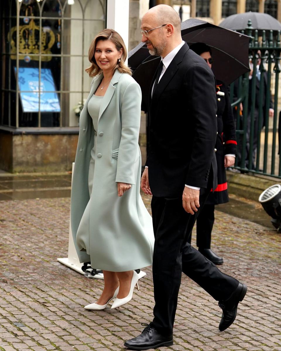 london, england may 06 ukrainian first lady olena zelenska and ukrainian prime minister denys shmyhal arrive at westminster abbey ahead of the coronation of king charles iii and queen camilla on may 6, 2023 in london, england the coronation of charles iii and his wife, camilla, as king and queen of the united kingdom of great britain and northern ireland, and the other commonwealth realms takes place at westminster abbey today charles acceded to the throne on 8 september 2022, upon the death of his mother, elizabeth ii photo by andrew milligan wpa poolgetty images