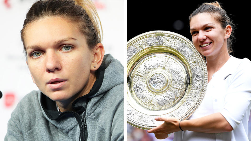 Simona Halep during a press conference and Halep holding the Wimbledon trophy.