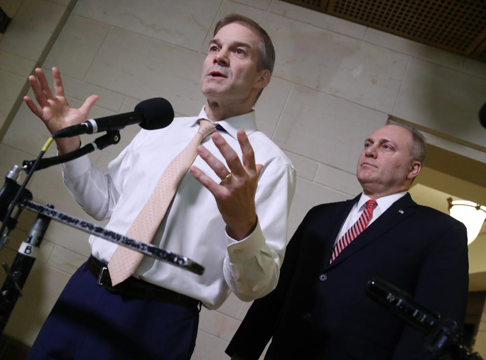 Reps. Jim Jordan and Steve Scalise speak to reporters on Capitol Hill, Oct. 29, 2019. (Mark Wilson/Getty Images)