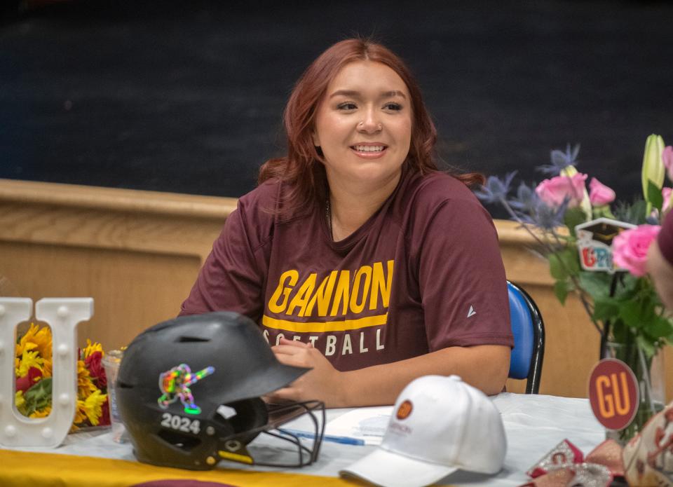 Bear Creek's Destiny Garcia participates in a signing ceremony at the school Stockton. Garcia has committed to play softball for Gannon University.