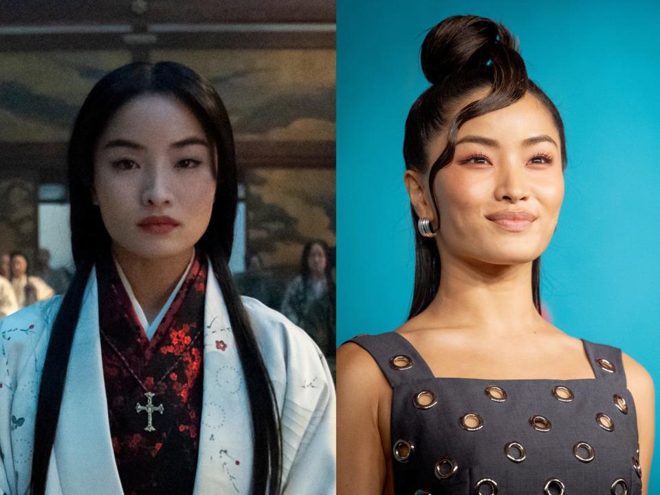 left: toda mariko, a serious looking woman with long hair and a cross necklace around her neck; right: anna sawai smiling, wearing a dark grey dress and with her hair styled with one strand over her forehead