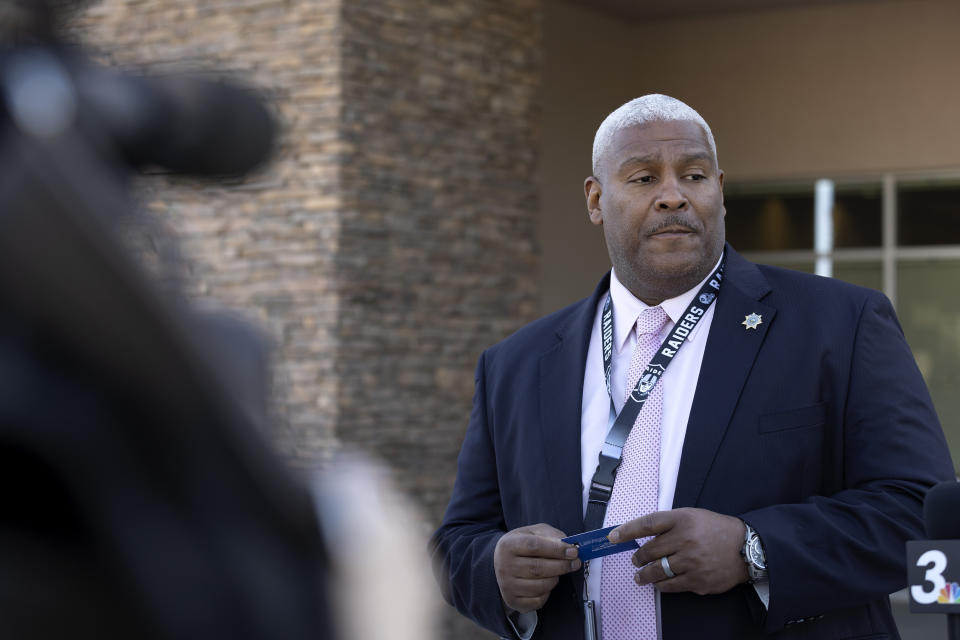 Nevada Department of Corrections deputy director Brian Williams speaks during a news conference outside the Nevada Department of Corrections Casa Grande Transitional Housing Center, Friday, Dec. 9, 2022 in Las Vegas. A group, including members of prison reform organization Return Strong, gathered to support the inmates at Ely State Prison who are on a hunger strike over what they say are abusive and violent conditions there. (Ellen Schmidt/Las Vegas Review-Journal via AP)