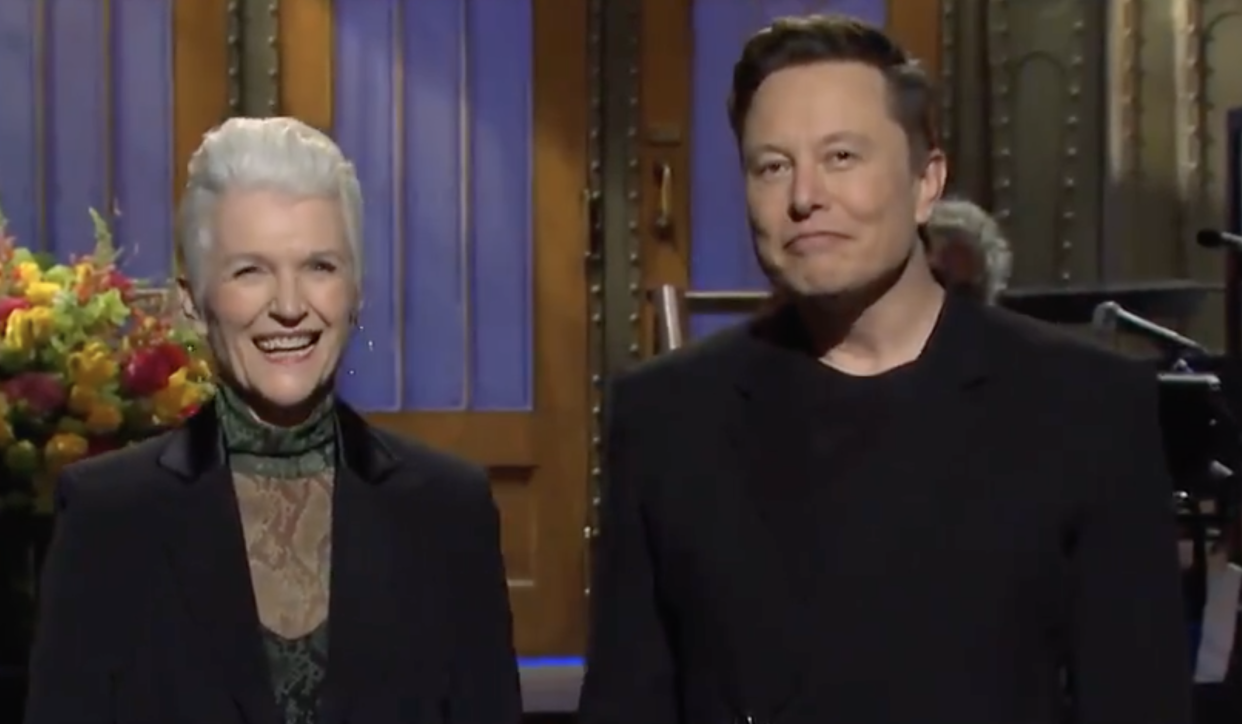 Maye Musk and Elon Musk on the 2021 Mother's Day episode of 'Saturday Night Live' (Photo: NBC/Twitter)