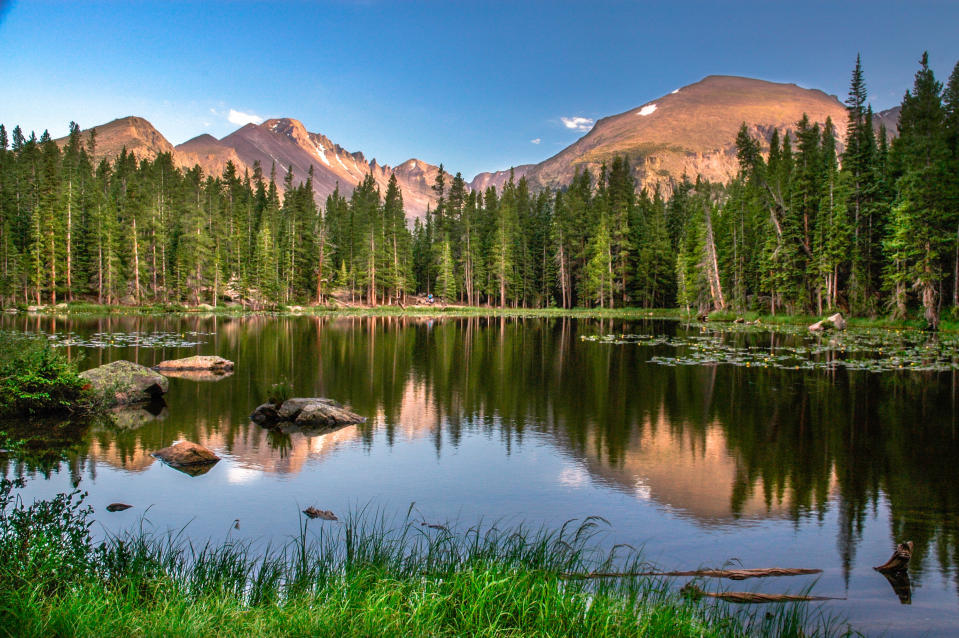 Mountains around a tree-lined lake