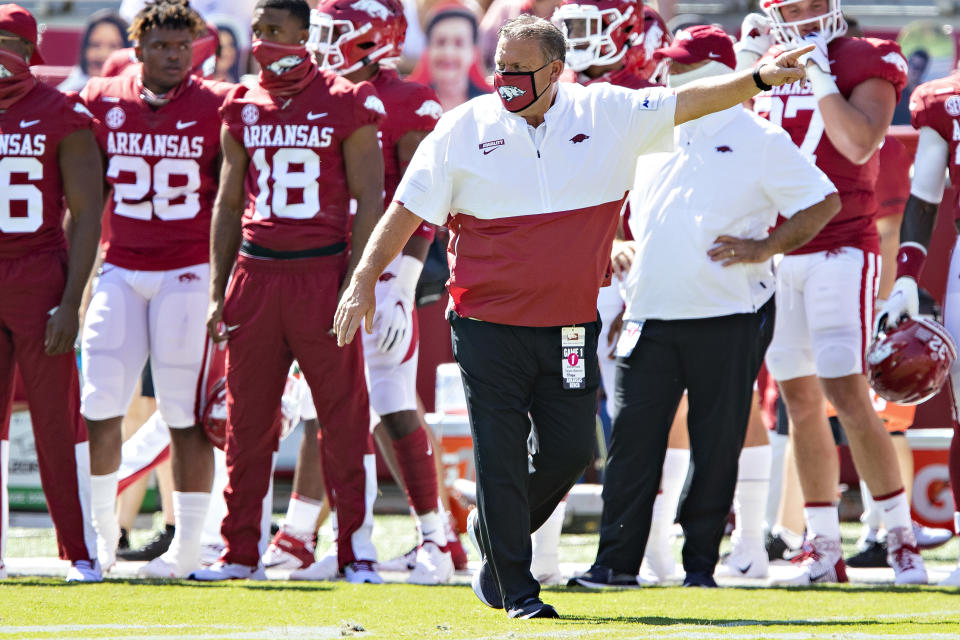 Arkansas coach Sam Pittman directs his team during warmups before a game against the Georgia Bulldogs at Razorback Stadium on Sept. 26. (Wesley Hitt/Getty Images)