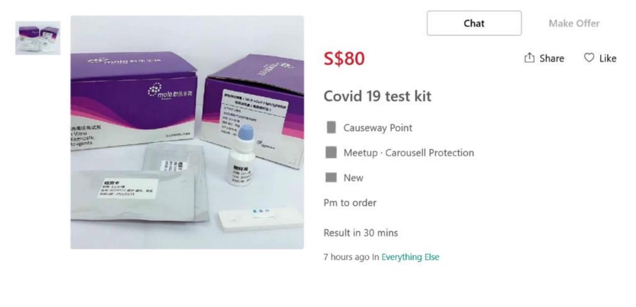 An example of an online product listing which fraudulently claimed the product could test COVID-19 and produce results in 30 minutes. (PHOTO: Health Sciences Authority)