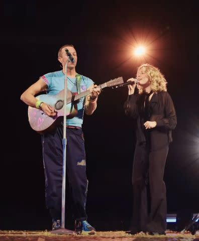 <p>Maggie Rogers/Instagram</p> Chris Martin of Coldplay and Maggie Rogers perform Taylor Swift's "Love Story"