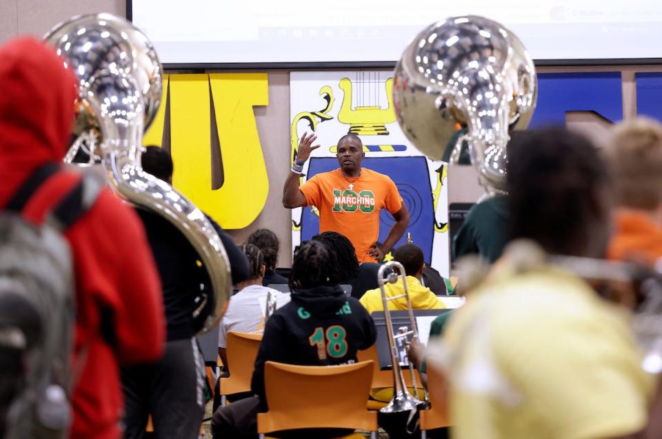 Florida A&M Director of Bands and Professor of Music Shelby Chipman directs the Marching 100 as members rehearse for an upcoming performance in Los Angeles, California.