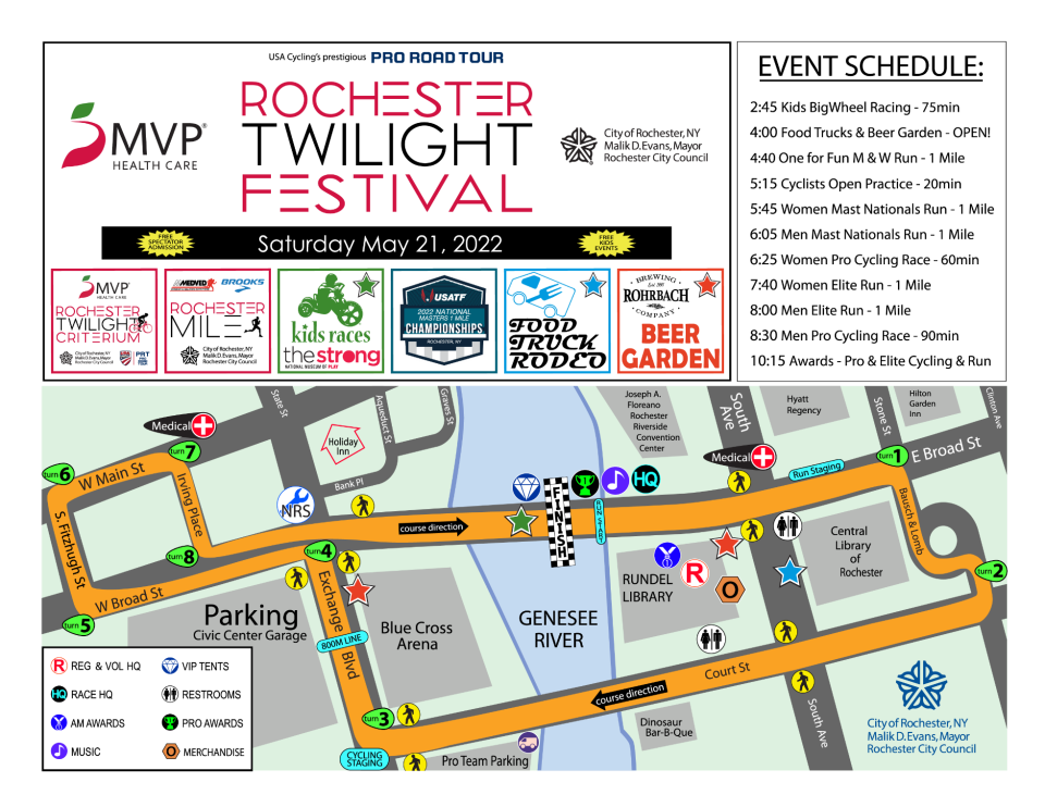 The official course map and schedule for the Rochester Twilight Criterium and Festival.