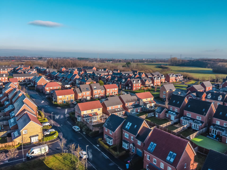 Aerial Houses Residential British England Drone Above View Summer Blue Sky Estate Agent property