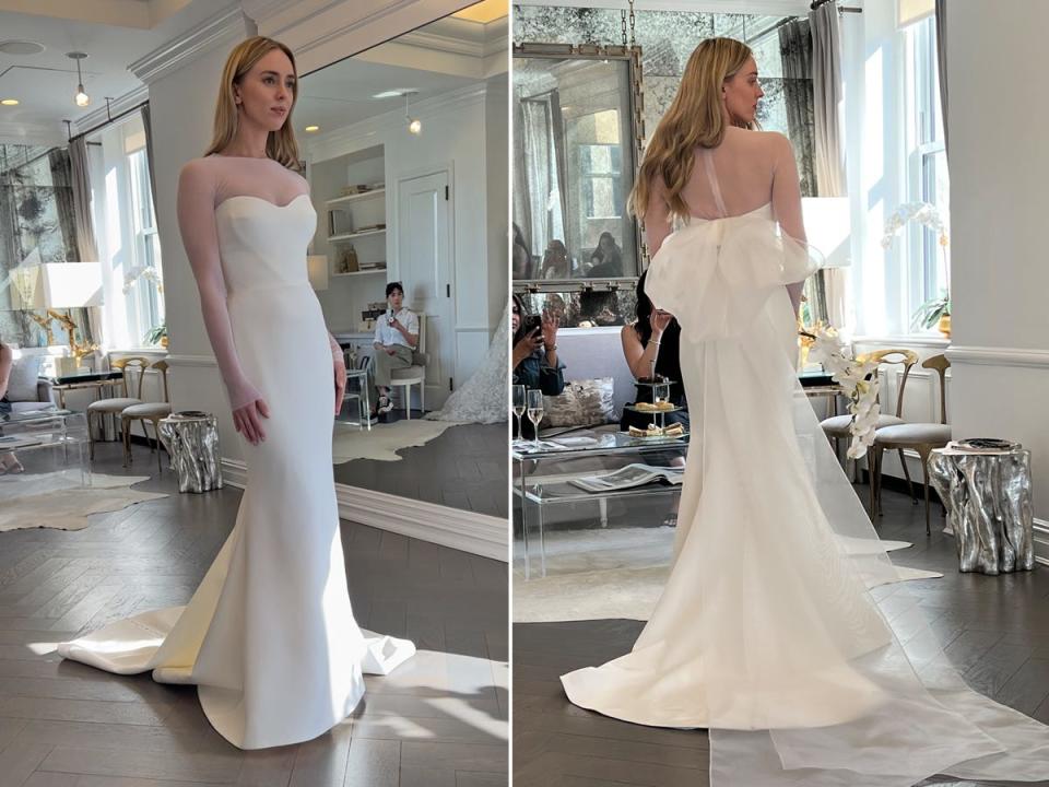 A front-and-back shot of a woman in a form-fitting wedding dress with an oversized bow in the back.