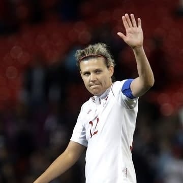 Canada's Christine Sinclair, waves to her fans as she reacts after her team lost the game during their semi final women's soccer match between the USA and Canada at the 2012 London Summer Olympics, in Manchester, England, Monday, Aug. 6, 2012. (AP Photo/Hussein Malla)