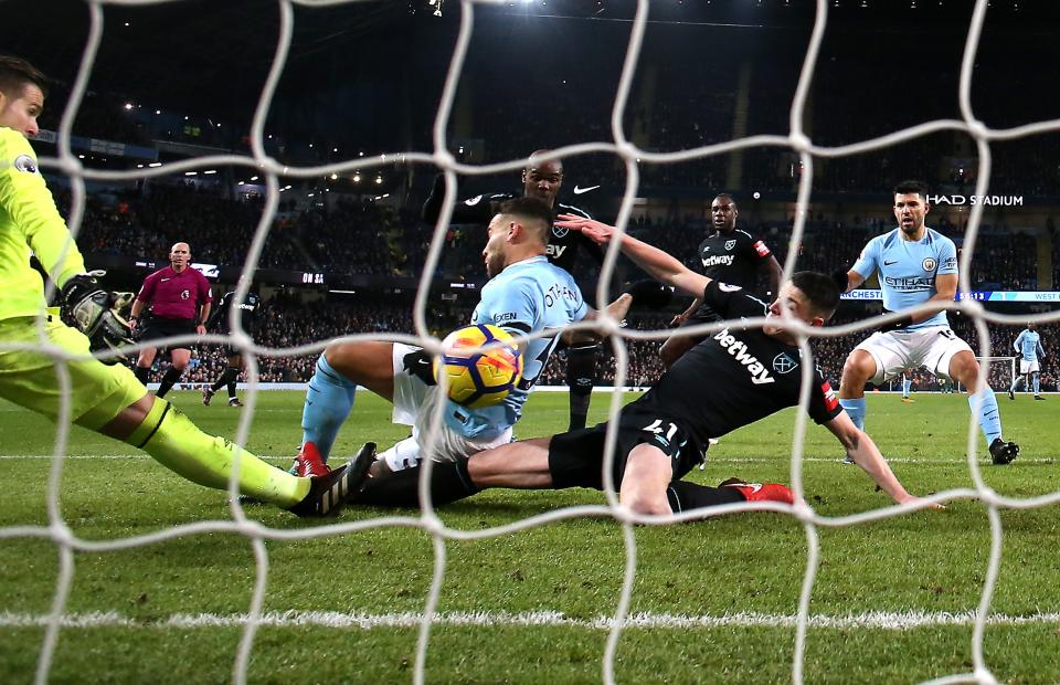 Nicolas Otamendi scores City’s first goal against West Ham