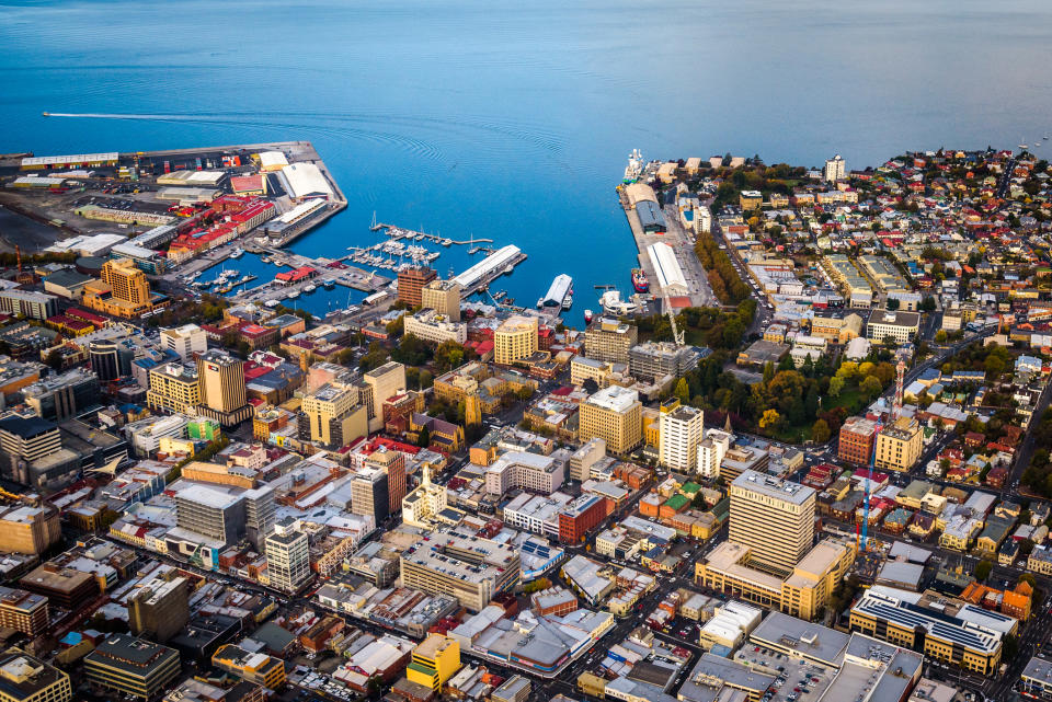 Aerial View of downtown Hobart, Tasmania, home of eight of the 10 suburbs where properties sold the fastest across the country. <em>Photo: Getty</em>